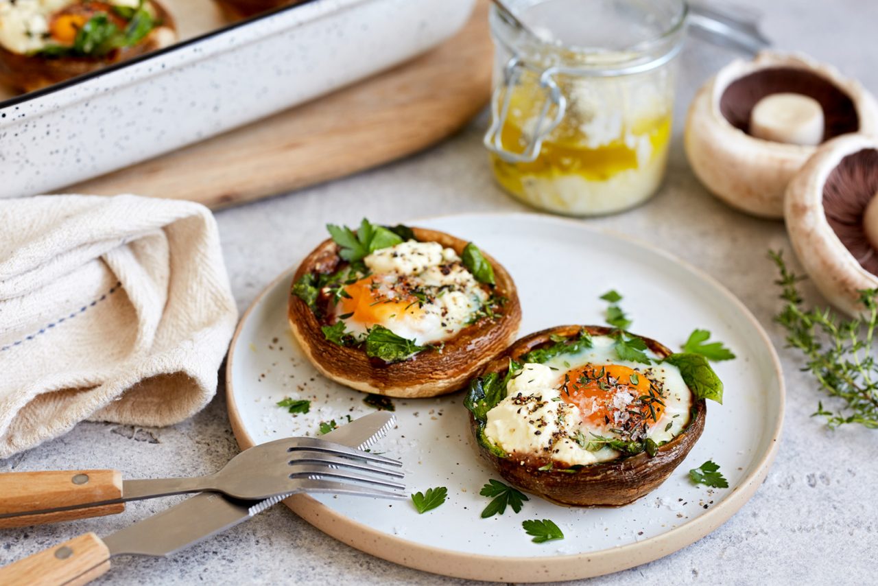 Baked Breakfast Mushrooms Stuffed With Spinach Feta And Egg Australian Mushroom Growers