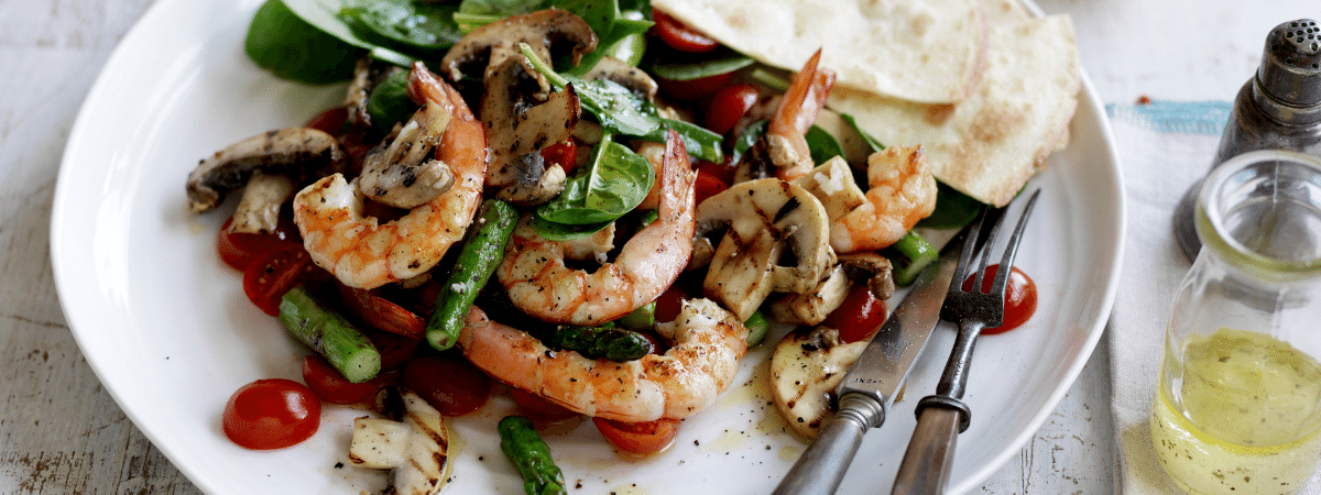 Barbecued mushroom, asparagus & prawn salad recipe